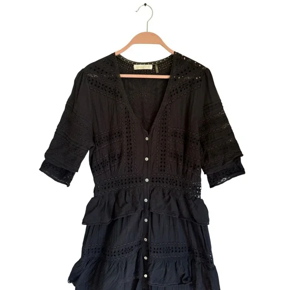 LoveShackFancy Edie Black Cotton Poplin Lace Button Front Midi Dress Tiered Sz M - Picture 3 of 7